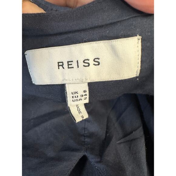 Reiss Navy Linen Tie Front Midi Dress Size 2 Adjustable Straps V-Neck Slit Hem - Picture 13 of 14